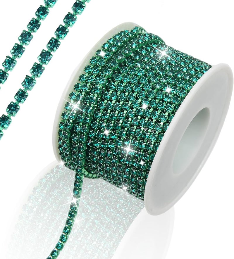 Dropower 10 Yards Rhinestone Chain, SS12/3mm Crystal Rhinestones Close Chain Trim, Bling Diamond Cup Chain for Jewelry Clothing Shoes Wedding Party Decoration(Peacock Green) - Image 1